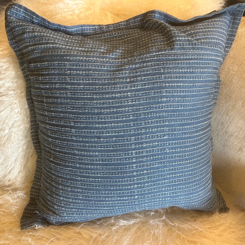 Large Blue and White Striped Pillow with Flange, Cotton Fabric 22 x 22